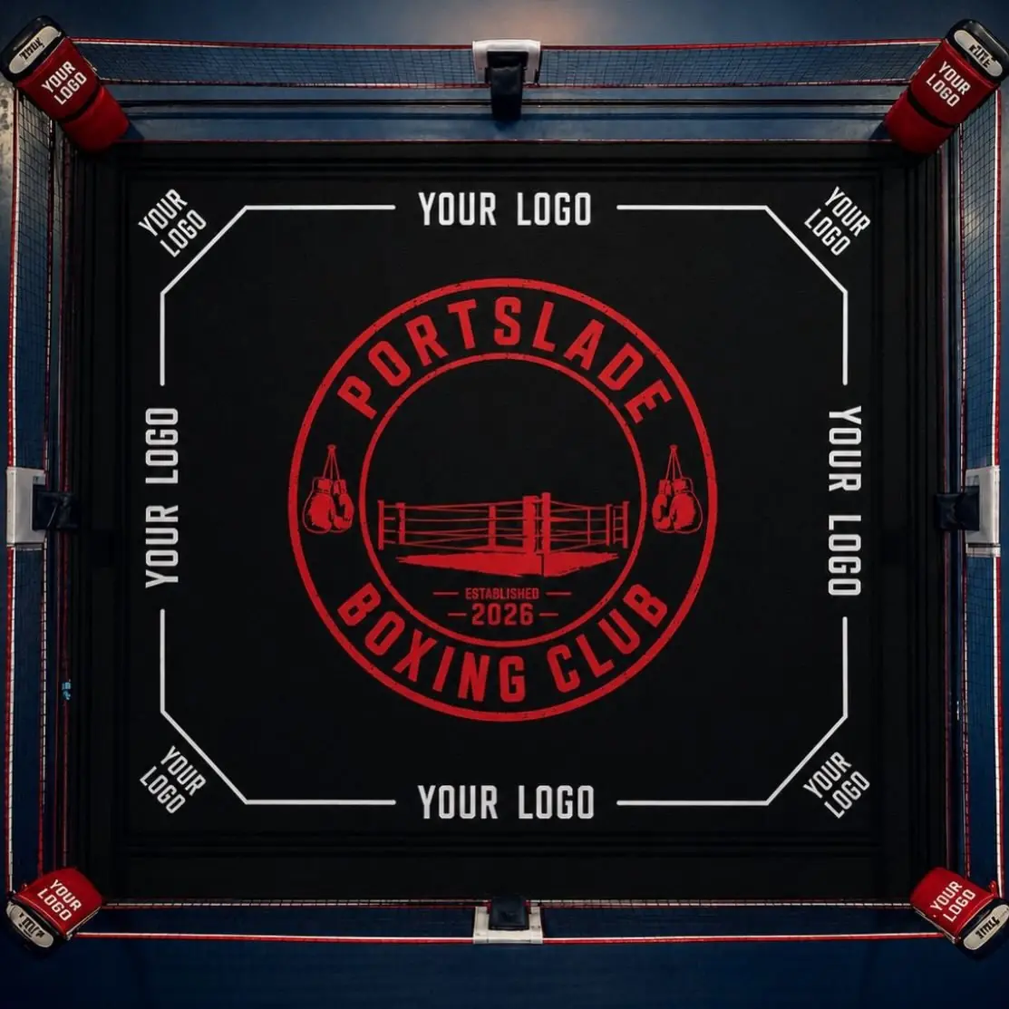 A boxing ring canvas with the Portslade Boxing Club logo in the middle and Your Logo spaces around the edge